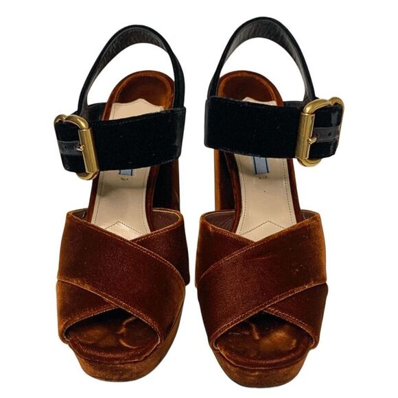 Prada Two-Tone Platform Velvet Strappy Sandals EU 38.5 Orange Chunky High Heel - Picture 3 of 11